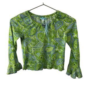 Totally Trixie Green Paisley Print Long Bell Sleeve Tie Neck Pullover Top Size S